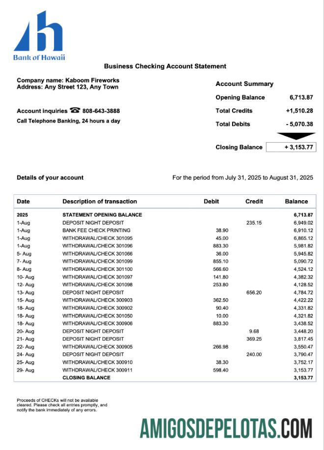 Realista Samoa Bank Of Hawaii Extrato de conta comercial modelo Word e PDF